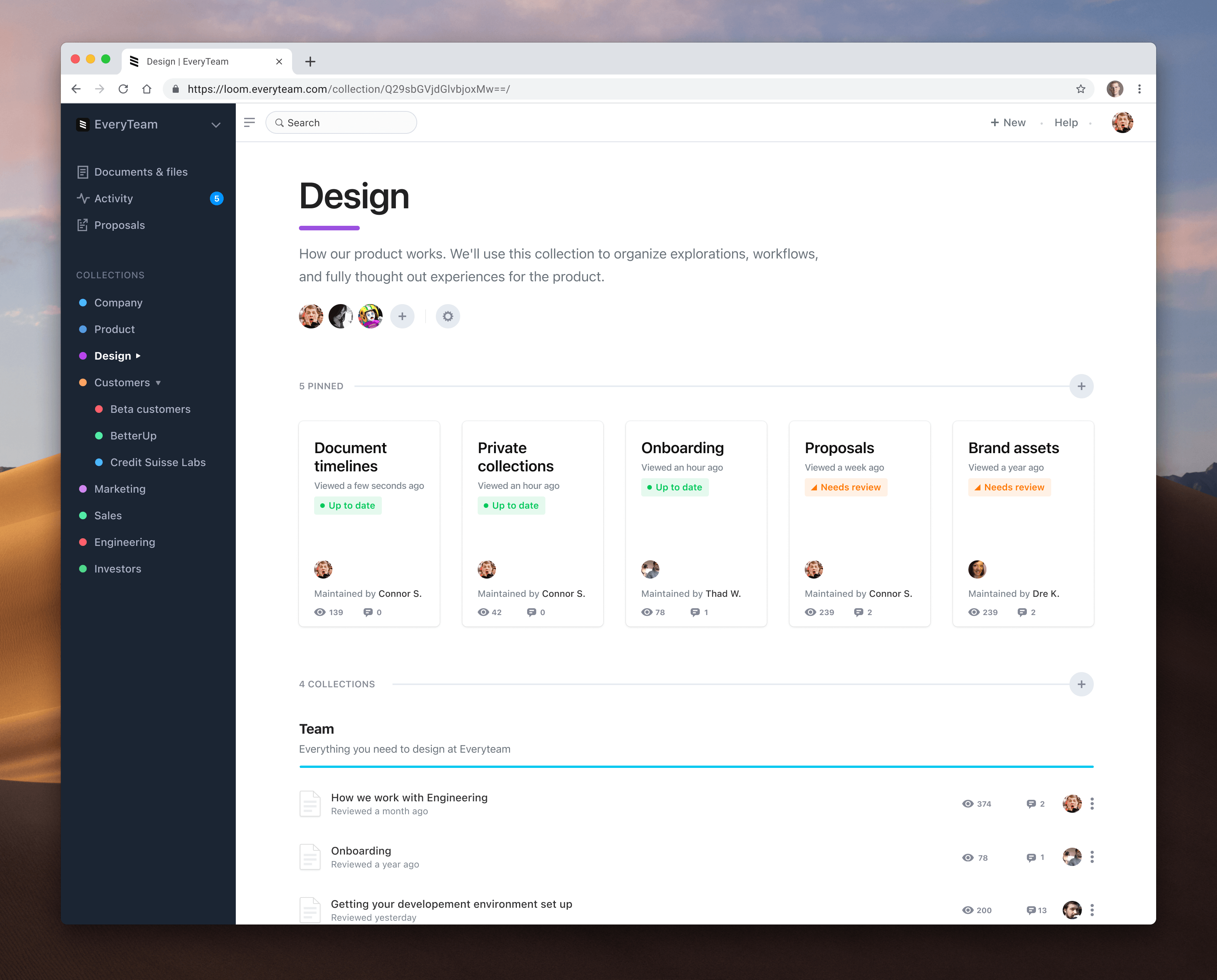 EveryTeam Design collection page with pinned documents and a sidebar of team collections