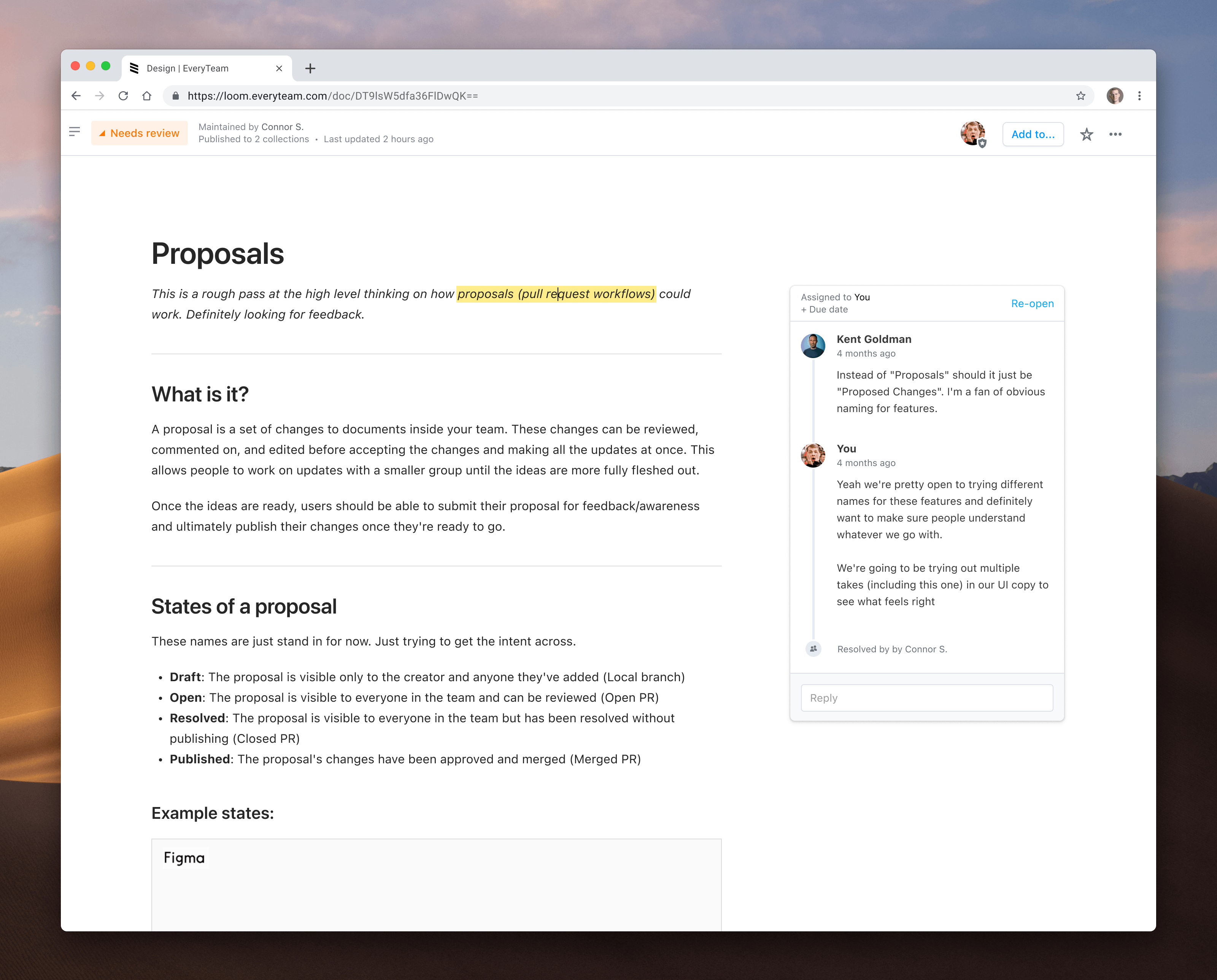 EveryTeam Proposals document with inline highlight and a resolved side comment thread