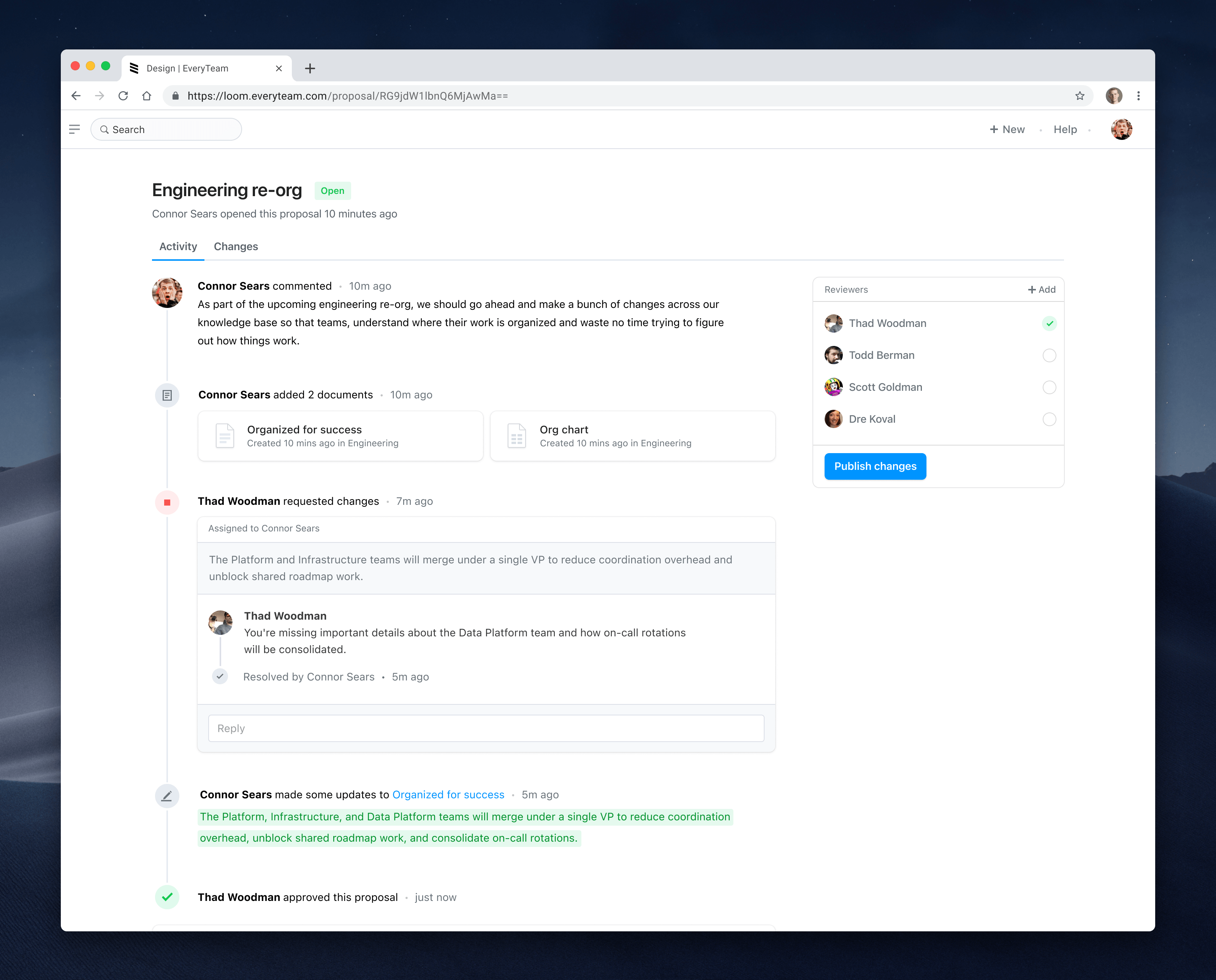 EveryTeam Engineering re-org proposal page with review activity, change requests, and assigned reviewers